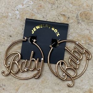 Classic Hoop “Baby” Inscribed Fashion Hip-Hop Style Earrings with Rhinestones